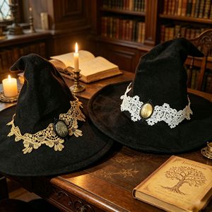 Sombrero de Bruja Retro de Encaje para Halloween, Estilo Gótico Lolita, con Copa Cónica, Negro, de Poliéster, para Disfraces y Fiestas de Cosplay - Product Image 3
