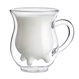 แก้วรูปทรงวัวแก้วแปลกใหม่ถ้วยแก้วรูปทรงวัวทนความร้อนสูงครีมนมกาแฟแก้วดื่มนม