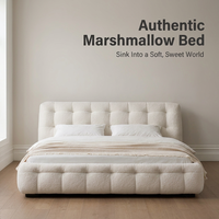 Lit double moderne français en tissu rembourré crème avec cadre en bois, meubles de chambre principale sur mesure, garantie de 3 ans
