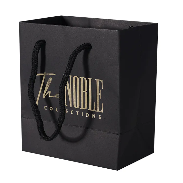 Diseño libre logotipo personalizado papel negro mate ropa regalo bolsa de papel bolsa de compras con asa de cuerda