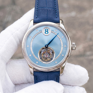 Fabricantes de relojes de pulsera de lujo para hombre con movimiento de hora saltarina, tourbillon mecánico, esfera azul hielo con efecto rayos de sol, logotipo personalizado, OEM ODM. - Product Image 1