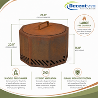Brasero d'extérieur rustique en acier Corten octogonal avec couvercle circulaire encastré, poignée en U et lames de ventilation à persiennes pour bois de chauffage