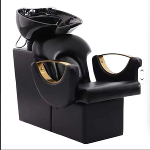 Ensemble de mobilier de salon de beauté noir et or : Bac de lavage, équipement de coiffure, chaise de coiffage, bac à shampoing - Product Image 1