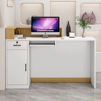 Comptoir de réception de salon moderne en bois, design minimaliste blanc, mobilier commercial, comptoir d'accueil avec panneau pour logo