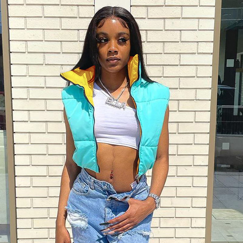 YIWU QIUDUN Fashion Autumn and Winter Contrast Sleeveless Short Cotton Woman Jacket and Coats