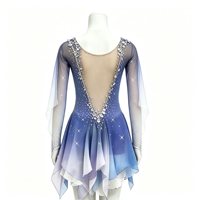 Robe de patinage artistique bleu-violet dégradé, manches longues en maille, dos en V profond, ornée de strass, pour femmes et filles, compétition, spectacle sur glace