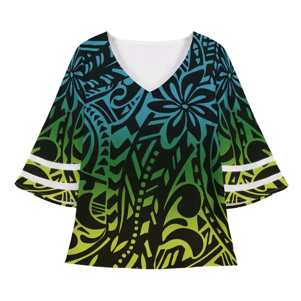 Brand New Polynesian Samoan Tribal Design Premium Custom Fashion Trendy Casual V Neck Chiffon Blouses