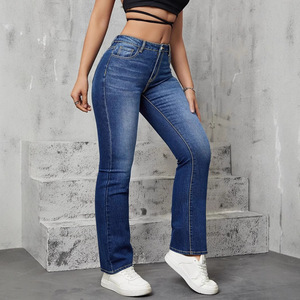 Women's Dark Blue High <b>Elasticity</b> Straight Leg <b>Jeans</b> Medium Stretch Crouching Waist Japanese Korean Leisure Style Europe - Product Image 1