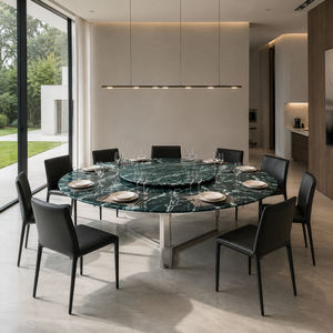 Table à manger ronde en marbre vert Alpi personnalisée, style moderne, 8 places, pieds en métal, meubles en pierre pour villa - Product Image 1