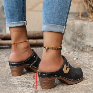 European and American Thick Heel Toe Half <b>Slippers</b> for Women Summer New Style <b>Big</b> Hollow Studded High-heeled <b>Slippers</b> 43 - Product Image 3