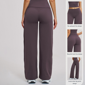 Pantalones deportivos de forro polar para mujer con logo personalizado, de <span class=keywords><strong>pierna</strong></span> ancha, cintura plegable, corte acampanado, sin costura frontal, estilo bootcut, para yoga y leggings. - Product Image 4