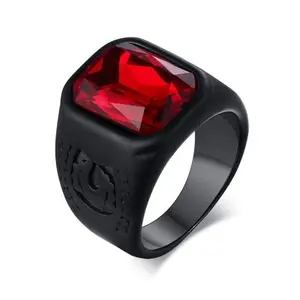 Nieuwe Mode Zwarte Plaat Roestvrij Staal Inlay Vierkante Rode Glas Ringen Voor Mannen