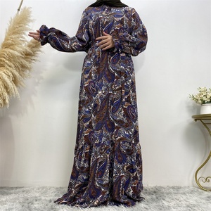 6373# Vintage Ethnic Floral Long Dress High Waist Muslim Women A-line Printed <b>Maxi</b> Dresses Islamic Clothing 3 Colors - Product Image 5
