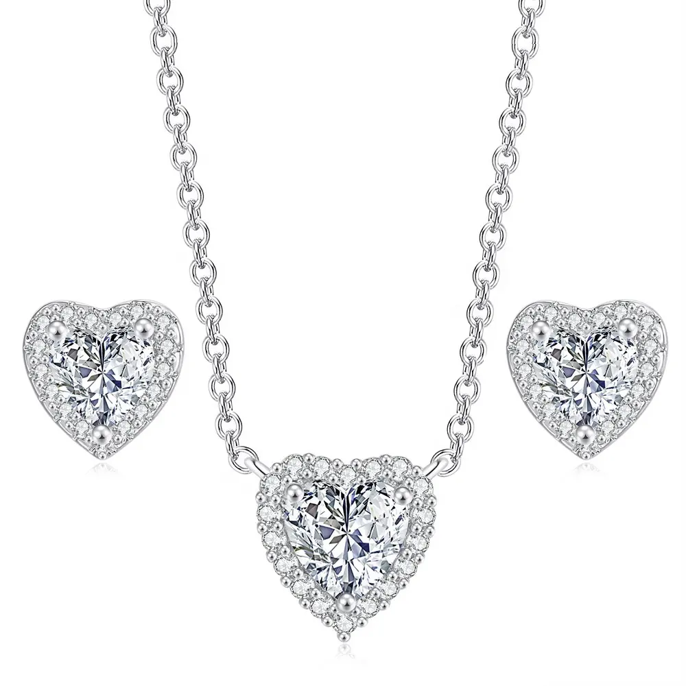 Fashion Trend Valentines Day Gift Heart Zircon Birthstone Necklace and Earring Jewellery Sets for Wedding Bridal