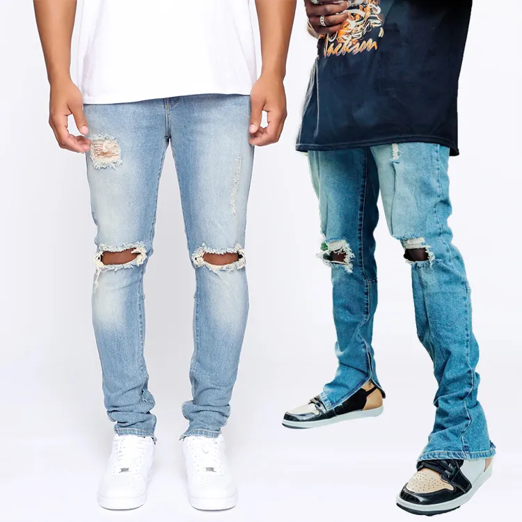 HL factory manufacture heavyweight distressed blue skinny jeans men wholesale custom acid wash ripped flare jeans
