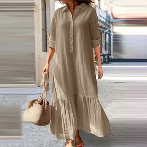 Colección <span class=keywords><strong>de</strong></span> verano Nuevo algodón Lino Vestido largo irregular Camisa Cuello Twist Hebilla Falda informal - Product Image 1
