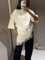 Robes T-shirt pour femmes à col rond, manches courtes, ourlet asymétrique et bordure en dentelle, style printemps polyvalent, vente en gros d'usine