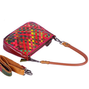 Bolso de Mano de Cuero Vacuno Genuino para Mujer, con Asa Superior Trenzada, Diseño a Rayas en Contraste de Color, Bolso Pequeño de Hombro/Axila - Product Image 4