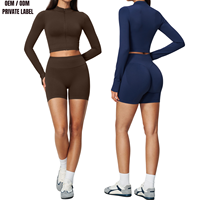 Ensemble de sport sans couture pour femme avec logo personnalisé, veste courte zippée et short cycliste, tenue de fitness et de sport, vente en gros usine