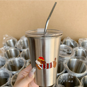 Vaso de acero inoxidable Xinrong de 500 ml con tapa y pajita, taza de café portátil para viaje, taza unisex para beber. - Product Image 1