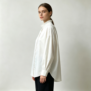Chemisier blanc en popeline à col volanté, manches longues, épaules tombantes, boutonnage frontal, pour femme, style décontracté - Product Image 2