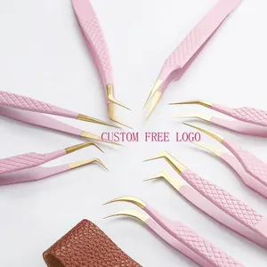 Free Custom Logo Pink Tweezers Volume 90 Degree Private Label Eyebrow Tweezers Fiber Tip Eyelash Extension Eyelash Lash Tweezers