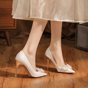 <b>White</b> Satin Stiletto <b>Heels</b> With Floral Pearl Embellishment Wedding Shoes For Women Adult Size 35-40 - Product Image 3