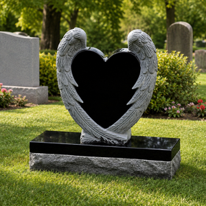 Heart Shape Angel Wings Headstone Black Granite Base Cemetery Monument European Style Traditional Design - Product Image 1
