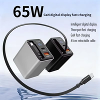 Chargeur GaN 65W avec écran numérique et câble rétractable USB C USB A PD, adaptateur de bureau pour ordinateur portable, téléphone, tablette