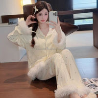 Pyjama femme en velours ondulé doux style luxe léger, épais et chaud pour l'hiver, avec dentelle, 3 pièces