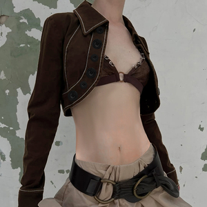 Veste en jean courte style streetwear pour l'été, boutonnée sur le devant, col court, mode audacieuse, manches longues, coupe-vent - Product Image 3