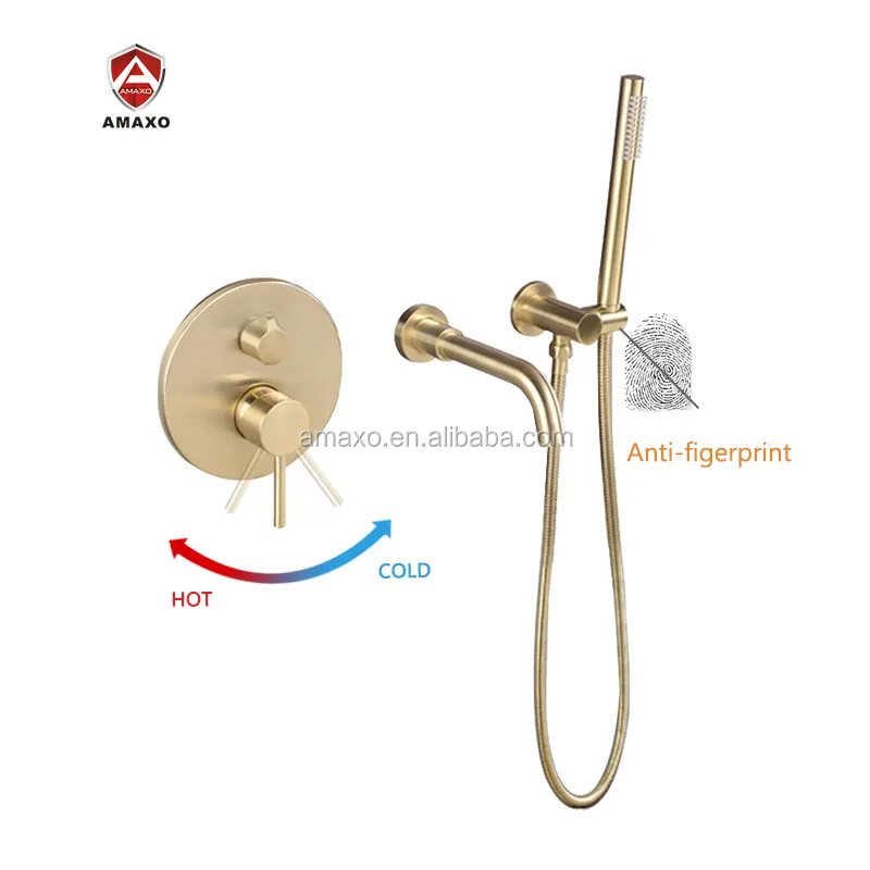 Brushed gold bathroom single lever bath diverter square concealed shower faucet mixer with hand shower