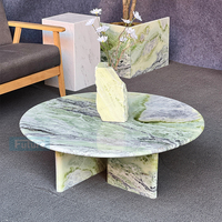 Table basse moderne en marbre vert rond, forme en T basse, socle, salon, luxe, naturel, table d'appoint en calacatta personnalisée