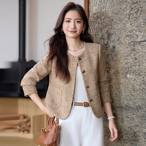Women's Tweed Blazer Short Jacket With Buttons Spring Autumn Style Casual Elegant Petite Fit Worsted Fabric GDX1686 - Product Image 1
