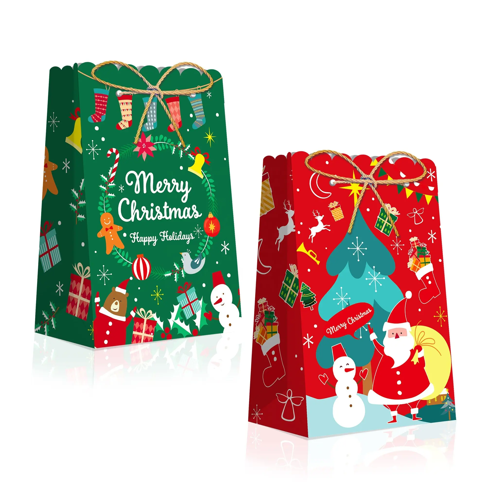 LC001 12 pcs Merry Christmas Gift Wrapping Bags With Hemp Rope Kids Candy Goodie Party Favors Bag Red Green Kraft Paper Bags