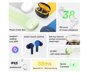 <span class=keywords><strong>Realme</strong></span> Buds T110TWSイヤホンブルートゥース5.4IPX5防水スポーツヘッドセットAIENCコールキャンセリングワイヤレスヘッドフォン - Product Image 5
