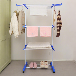 Étagère à vêtements mobile multi-niveaux en vente chaude, pliable, télescopique, sur pied, à double poteau, avec roulettes - Product Image 2