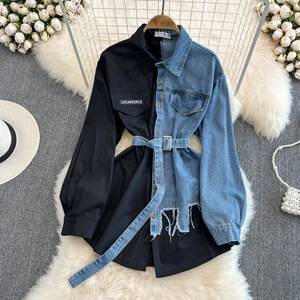 Modieuze Vintage Denim <span class=keywords><strong>Blouses</strong></span> Tops Lange Mouwen Slanke Taille Contrast Damesshirts Casual Patchwork Elegante Jeans Tops - Product Image 3