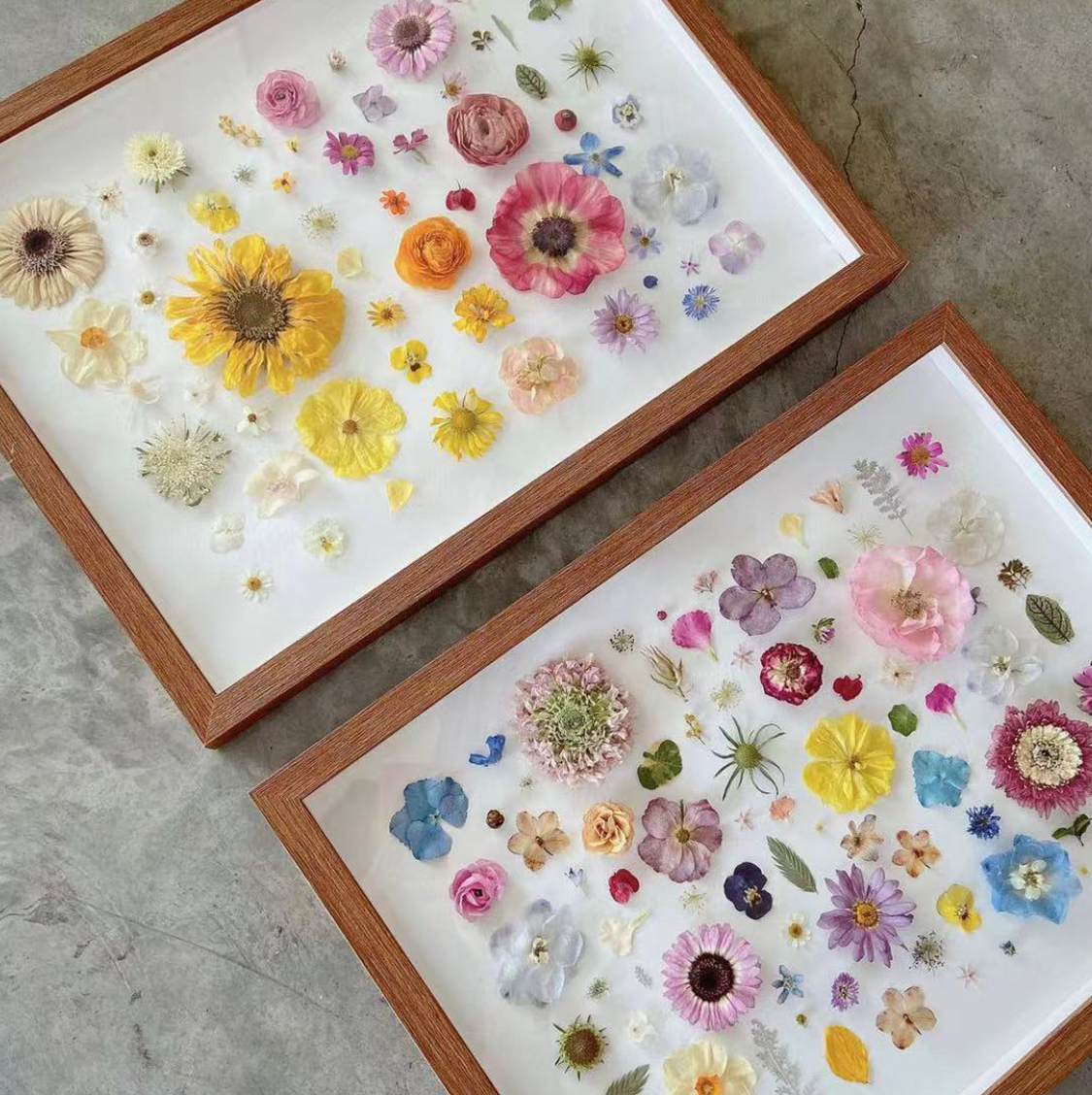 dried flowers in wood frame