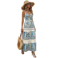 Robe longue à volants à imprimé floral pour femme, sans manches, style vacances, disponible en bleu, vente en gros avec faible MOQ