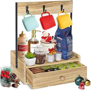 Wooden Coffee Cup Holder Rustic Desktop Mug <b>Rack</b> With Drawer <b>Storage</b> <b>Kitchen</b> Organizer Wall Mounted Type - Product Image 1