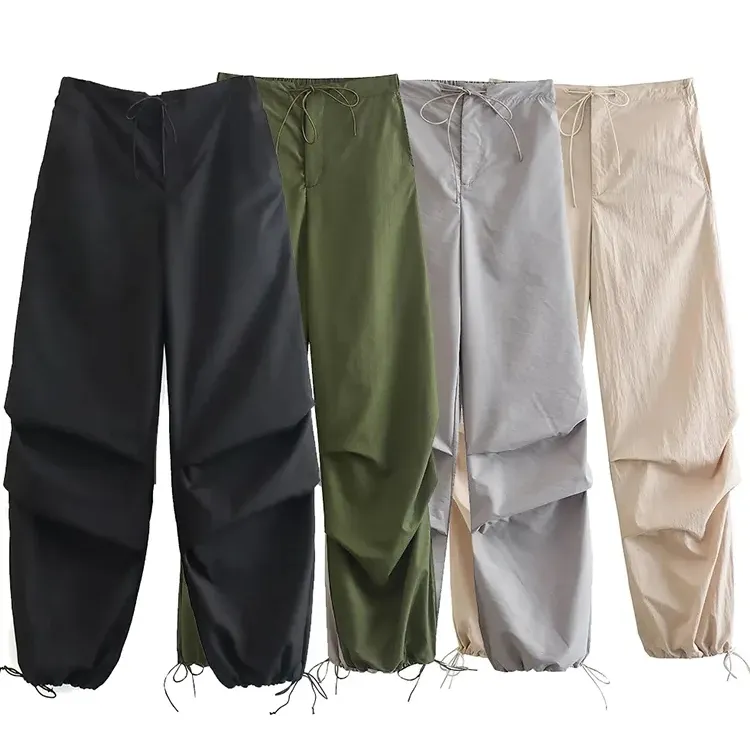 Custom High Elastic Waist Female Chic Lady Boot Cut Vintage Jogging Trousers Women Fashion Parachute Cargo Pants with straps