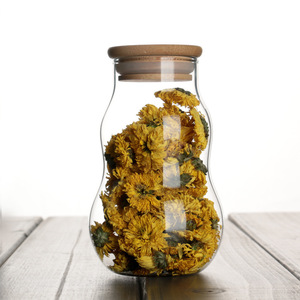 Pot de conservation alimentaire domestique portable en <span class=keywords><strong>verre</strong></span> transparent de 500 ml, de forme ronde en forme de <span class=keywords><strong>calebasse</strong></span>, compatible micro-ondes, avec couvercle en liège soufflé à la main - Product Image 1