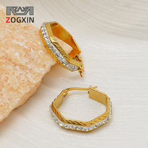 ZOGXIN Geometric Hoop Earrings Gold Rhinestone Inlay Stainless Steel For Women Fashion Jewelry - Product Image 1