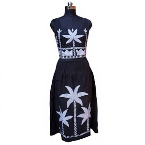 Wooden Block Craft India A-Line <b>Maxi</b> Dress Black <b>White</b> Floral Hand Embroidery Sleeveless Scoop Neck 100% Cotton Vintage Style - Product Image 1