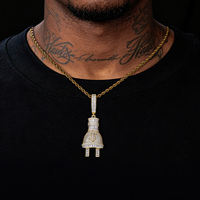 Collar de Lujo con Colgante de Campana de Iglesia para Hombre, Plata de Ley 925, con Diamante Moissanita Baguette y Colgante con Símbolo de Dólar