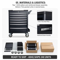 Armoire à roulettes robuste à 7 tiroirs avec cadre en acier renforcé et plateau latéral pour outils, pour usage industriel