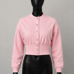 Ensemble de survêtement en coton tricoté rose pour femme, broderie machine, haut à manches longues boutonné, short décontracté, couleur unie, séchage rapide - Product Image 1