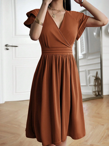 Vestido Midi Elegante y Versátil para Mujer, Color Caramelo, con Mangas con Volantes, Cuello <span class=keywords><strong>en</strong></span> V, Cintura Cruzada, Plisado, Corte <span class=keywords><strong>en</strong></span> A - Product Image 3