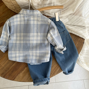 Conjunto de 2 Piezas para Niños, Camisa y Jeans, Primavera Otoño, Nuevo Estilo a Cuadros, Ropa Casual de Mezclilla para Niños Pequeños - Product Image 3